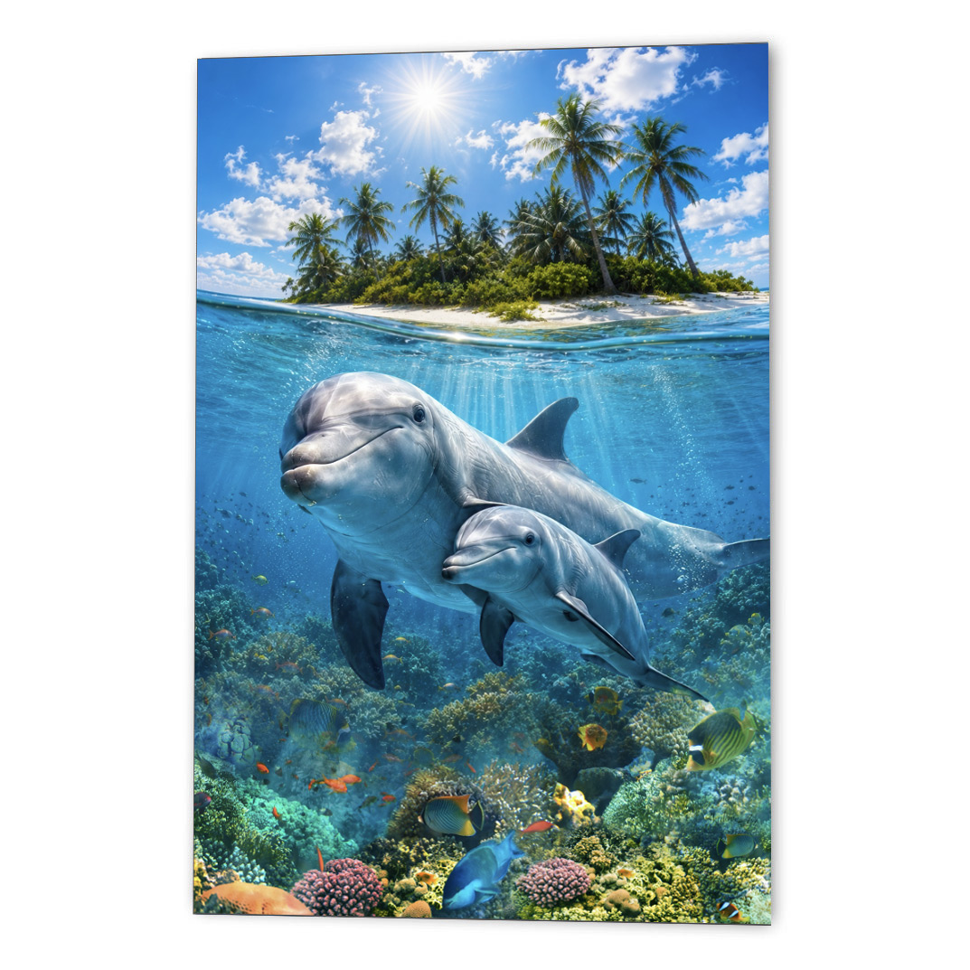 Dolphins #2 wall art — two dolphins swimming through a sunlit underwater ocean scene by SkyloveArt