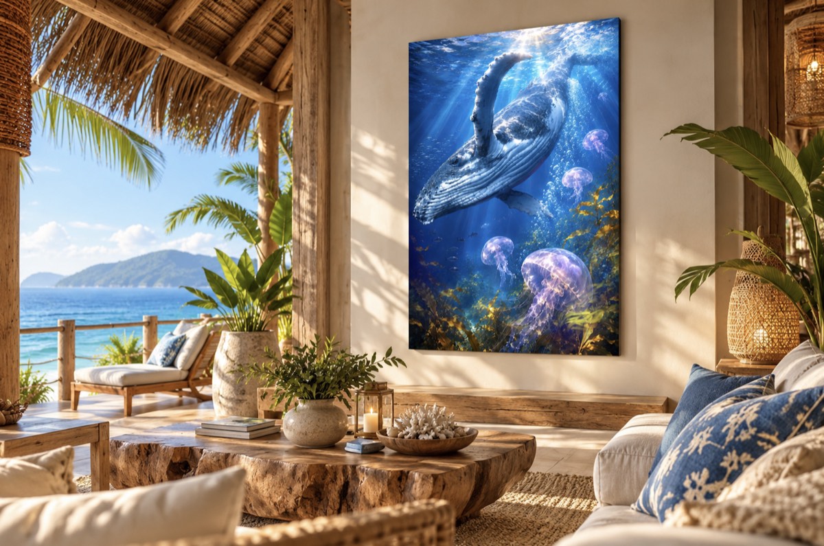 Whale #2 wall art displayed in a room setting
